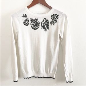 ** ELLE white beaded rose crew neck sweater